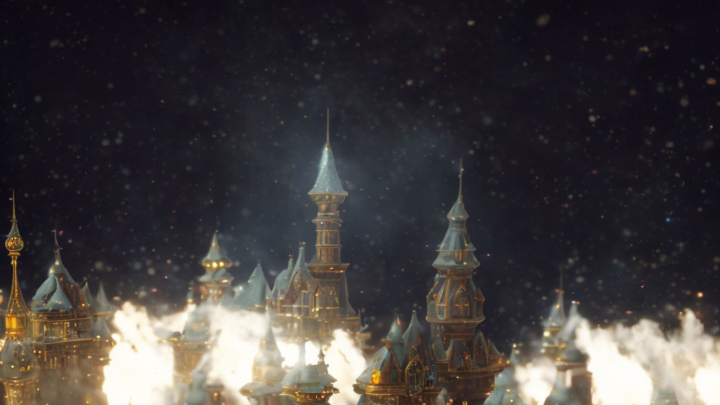 Illuminated Castle Spires in Misty Atmosphere