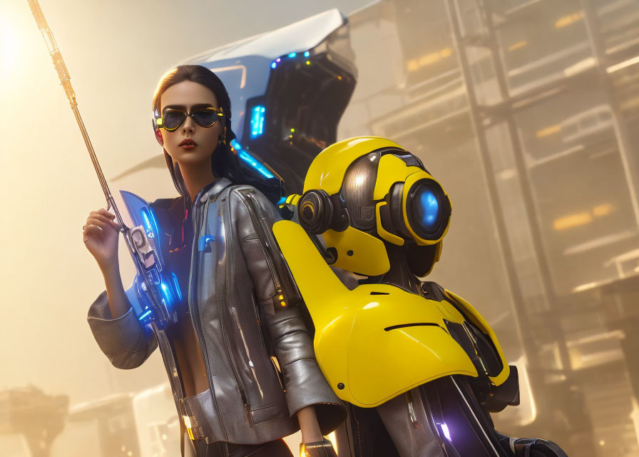 Woman with futuristic weapon and robot in urban setting