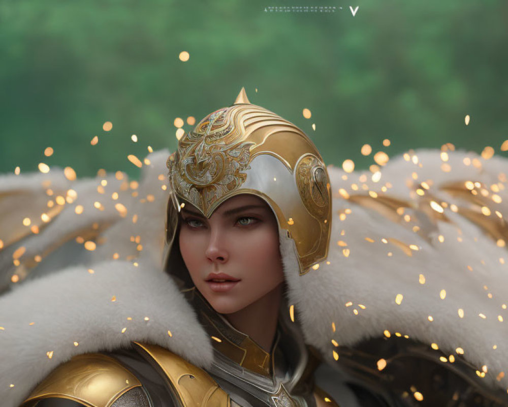 Detailed Female Warrior Digital Art in Golden Armor on Green Background