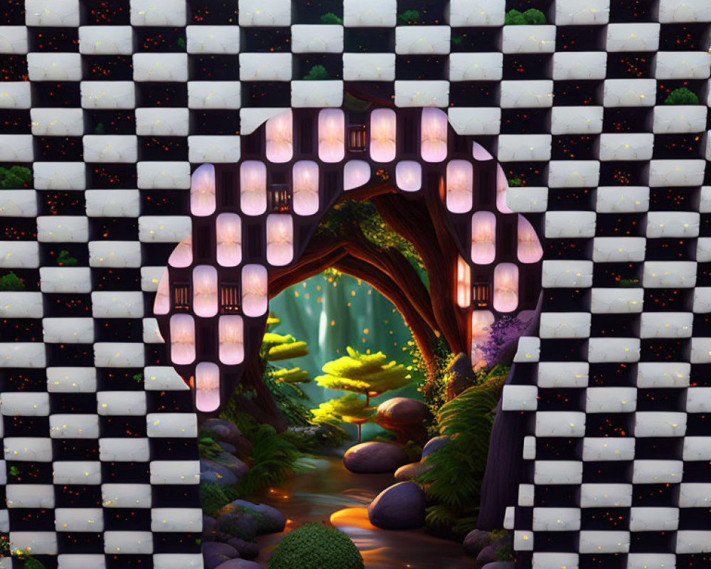 Enchanting forest pathway with surreal arch and hanging lanterns