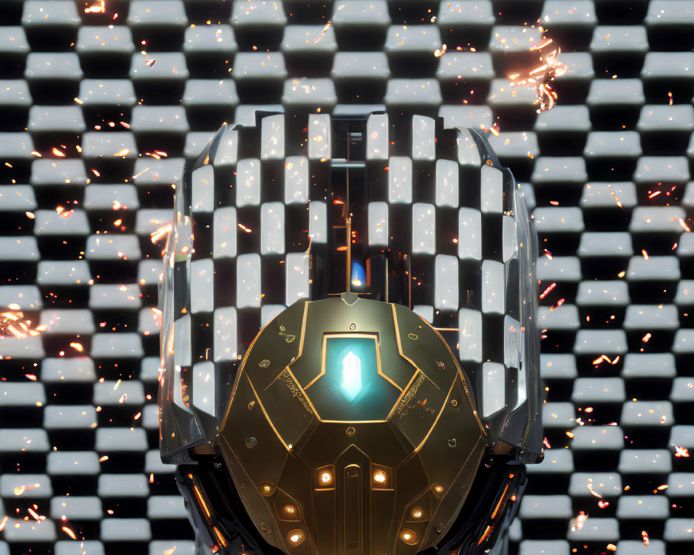 Futuristic knight with glowing blue visor and golden-trimmed shield in front of pixelated