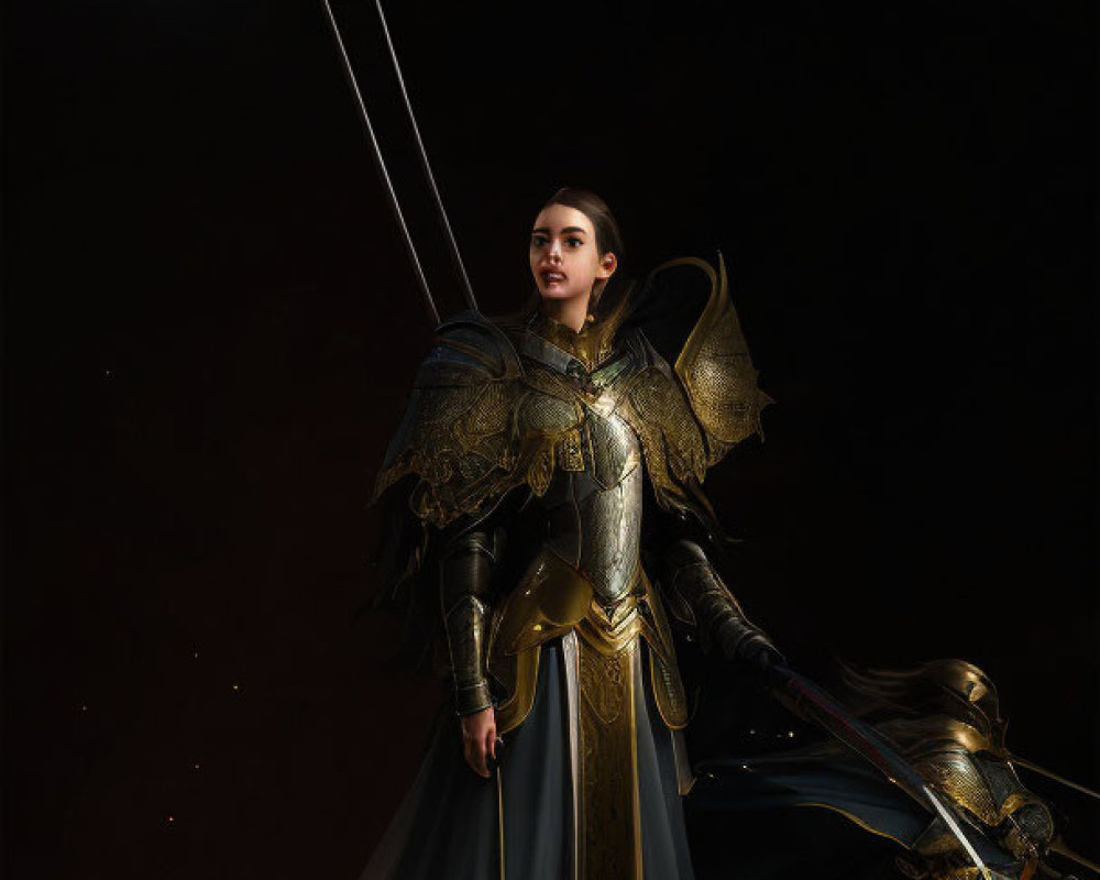 Majestic warrior woman in golden armor with bow and arrow on dark backdrop