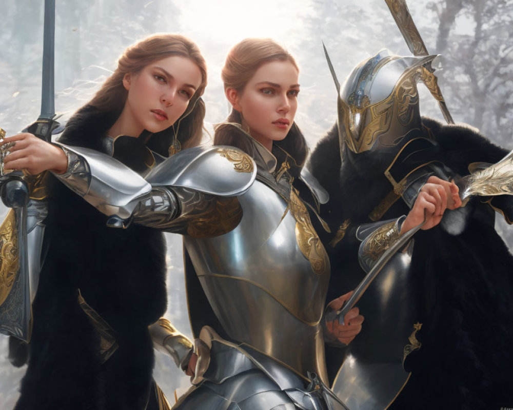 Medieval-themed image with two women and a knight in ornate armor