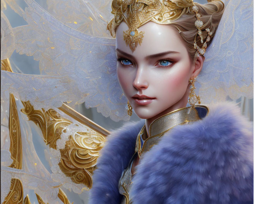 Fantasy illustration of figure with golden headpiece, blue eyes, wings, and blue fur