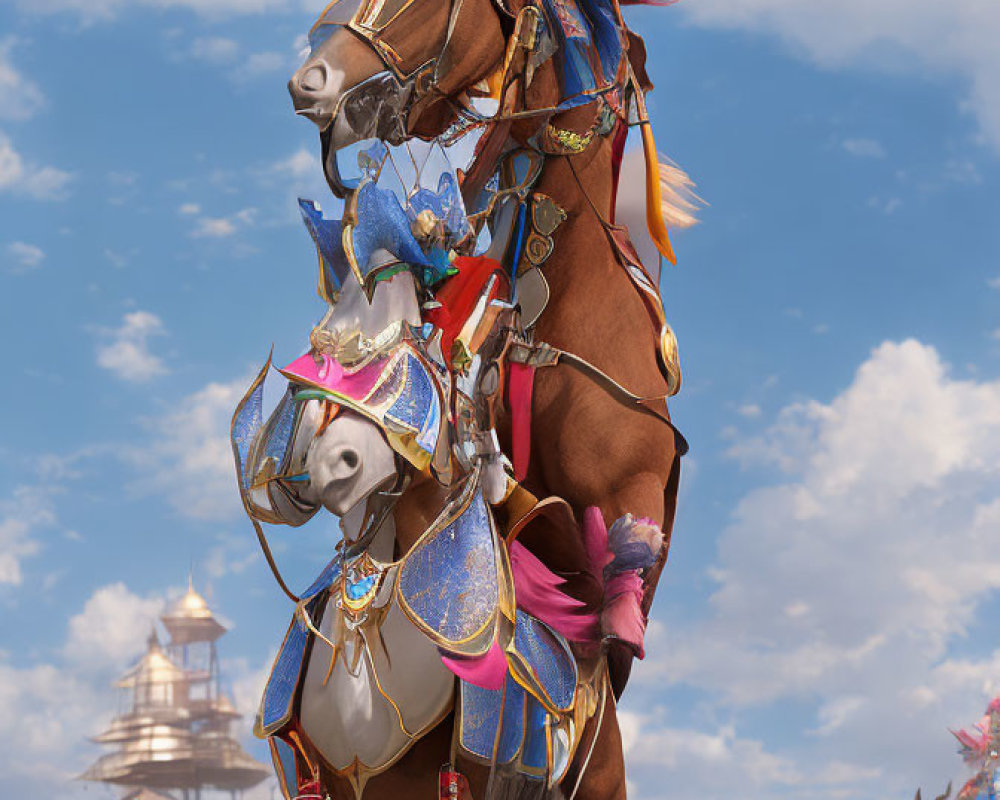 Elaborately adorned horses with vibrant harnesses in a field with traditional building