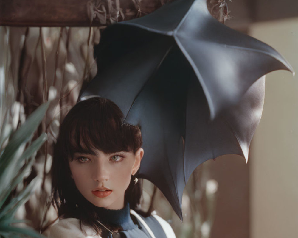 Dark-haired woman with blue eyes holding bat wing-like umbrella in botanical setting