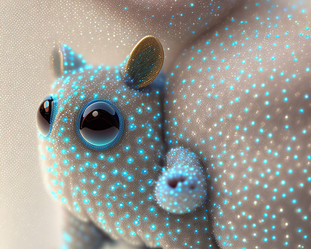 Whimsical blue creature with sparkling dots and big eyes