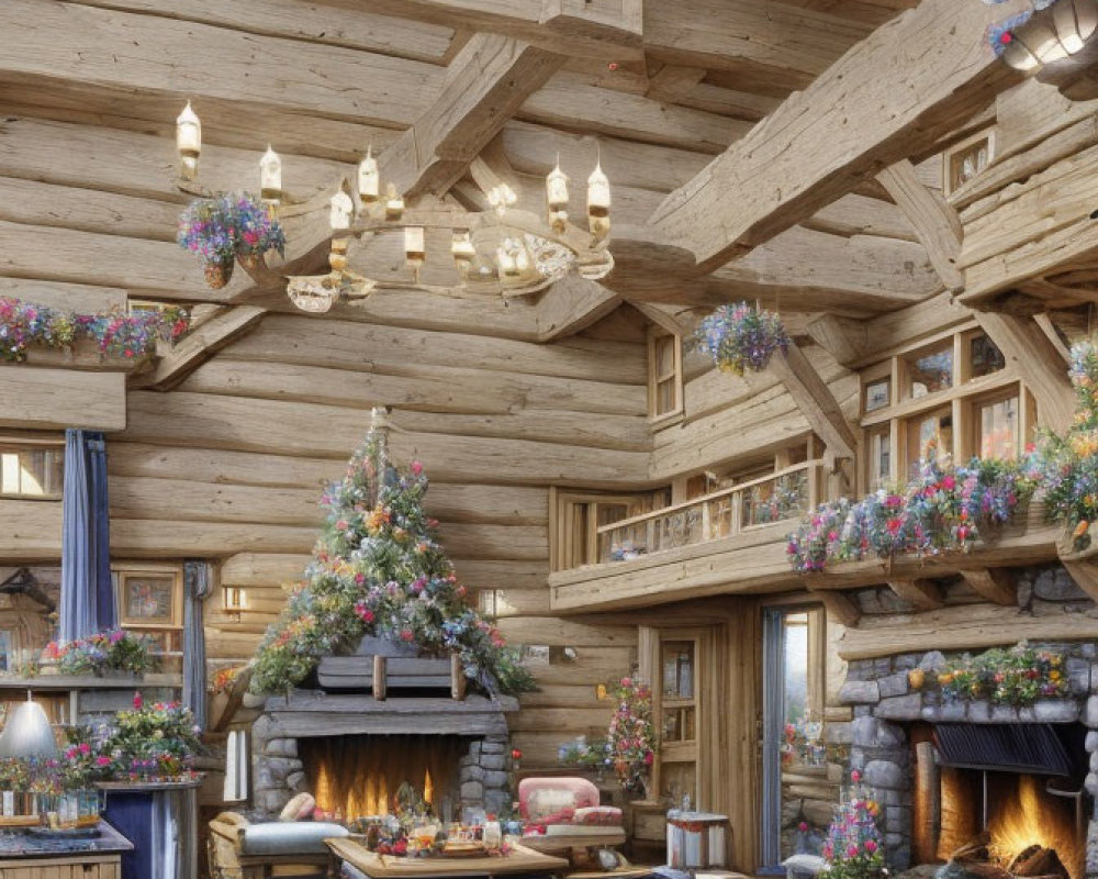 Cozy Rustic Christmas Decor with Wooden Interior & Stone Fireplace