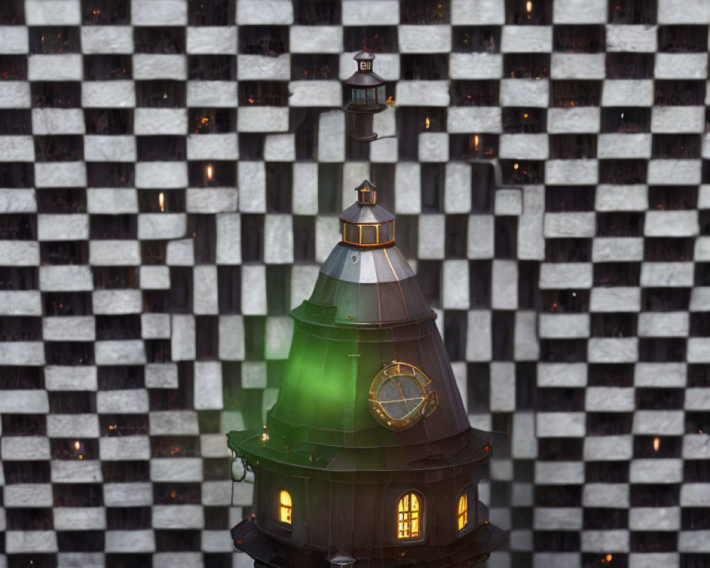 Whimsical tower with glowing green spire on checkerboard background