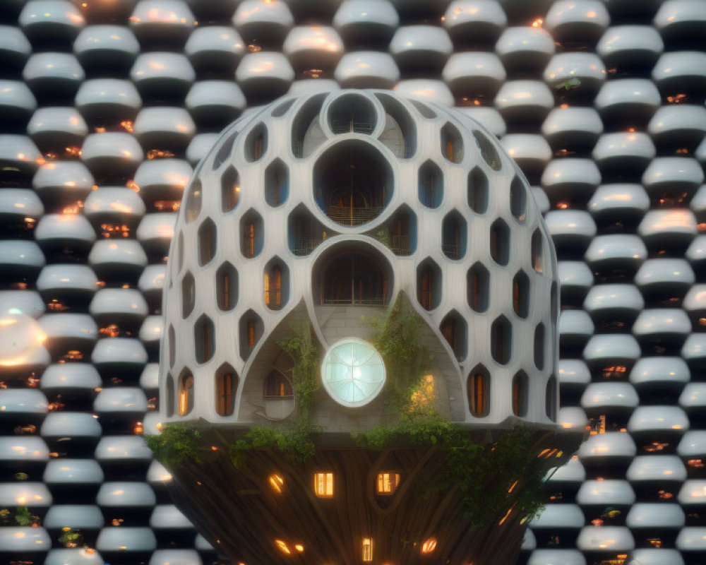 Fantasy building with oval windows in forest setting, hexagonal structures under dusk sky