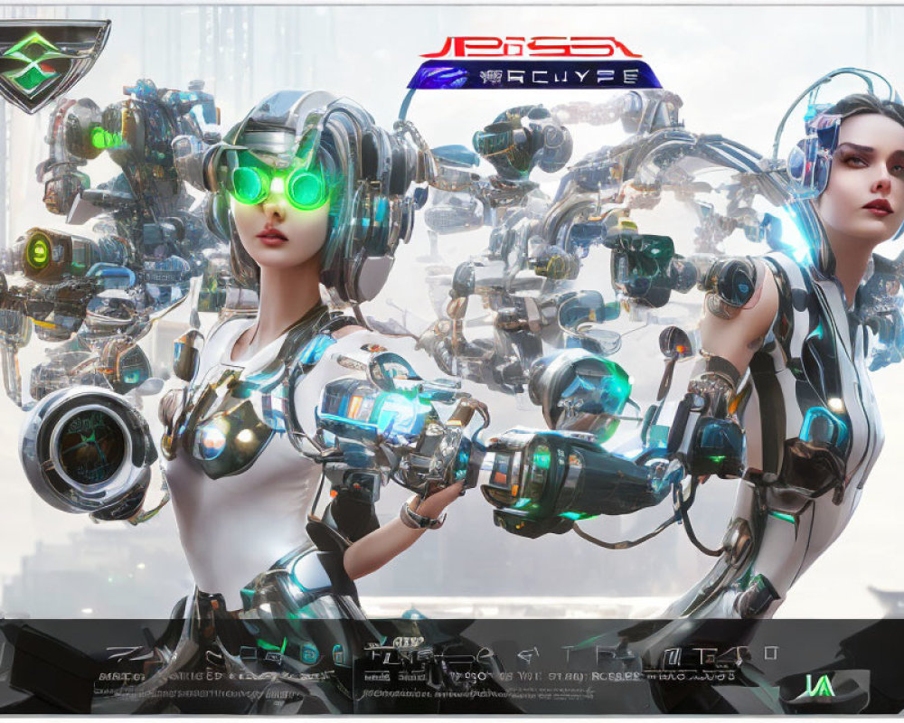 Futuristic female androids with intricate mechanical details and glowing green goggles in high-tech cityscape.