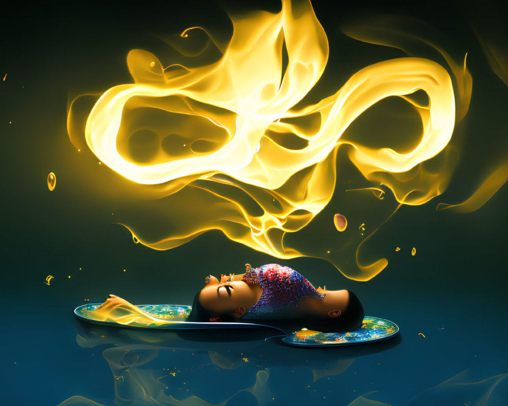 Surreal floating head with fiery shapes on dark background