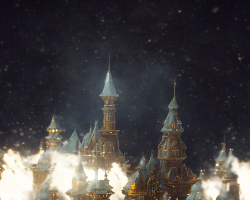 Illuminated Castle Spires in Misty Atmosphere