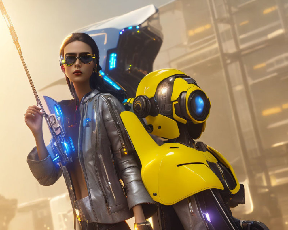 Woman with futuristic weapon and robot in urban setting