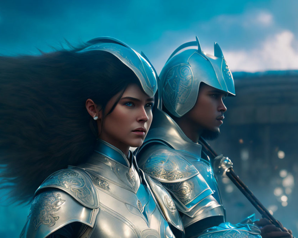 Two warriors in ornate armor with plumed helmets under a moody, blue-lit sky