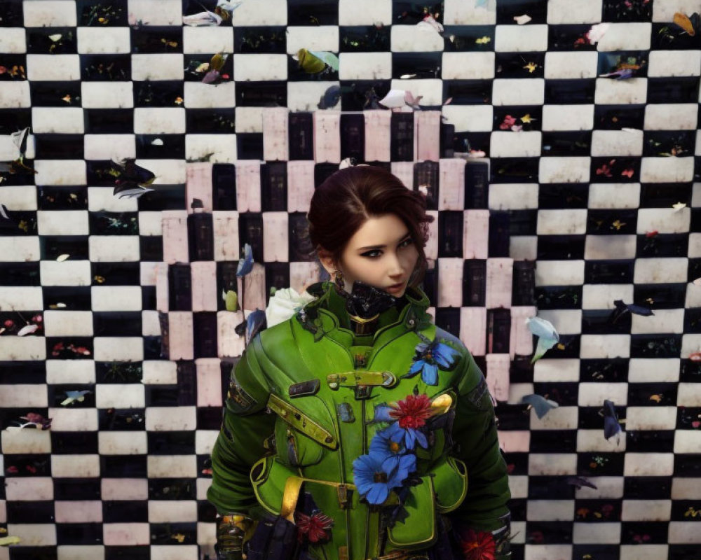 Woman in Vibrant Green Jacket with Floral Embellishments Standing in Front of Mosaic Wall Patterned
