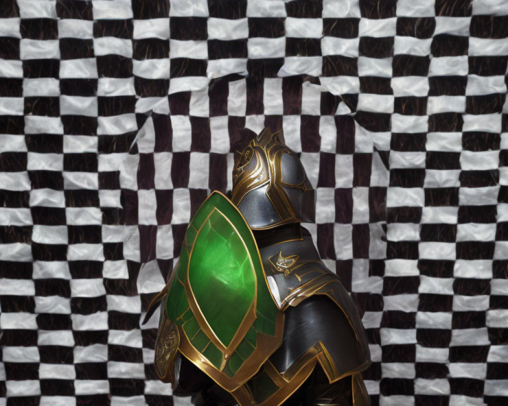 Detailed Green and Gold Gauntlet on Checkered Background