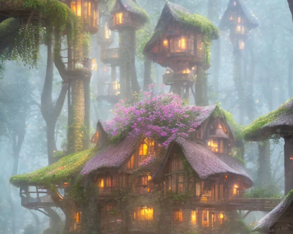 Misty Woods Treehouses with Glowing Windows & Ivy