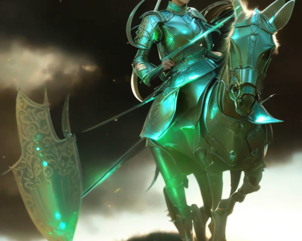 Teal-armored warrior on horseback under dramatic sky