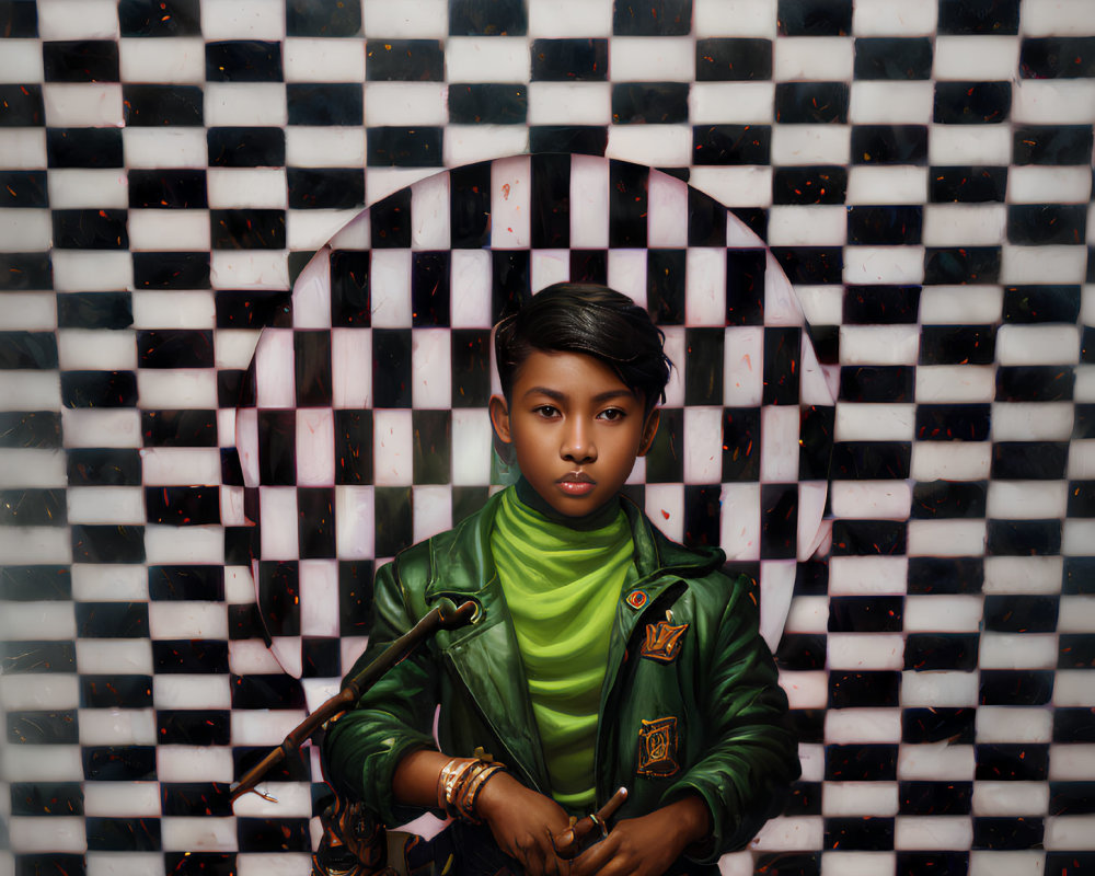 Child in Green Jacket with Brass Telescope on Checkered Background
