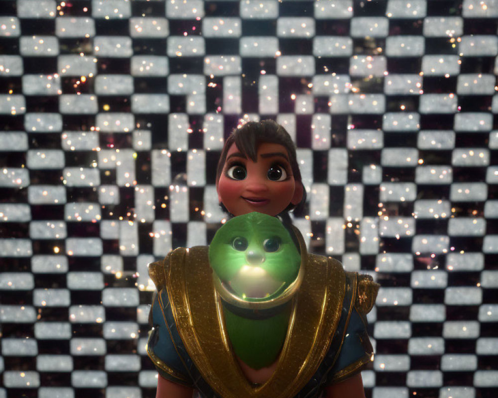 Animated character in armor holds glowing green creature against bokeh light background