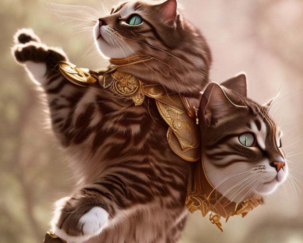 Regal cats in golden armor against forest backdrop