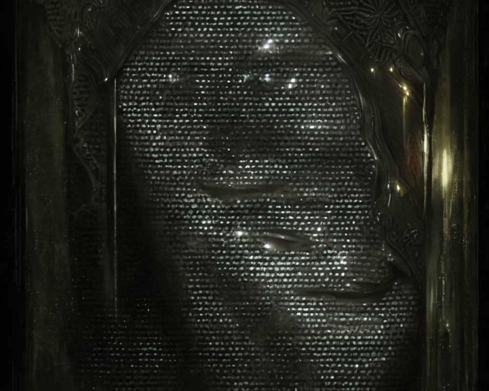 Close-up of reflective surface with distorted, mosaic-like face reflection