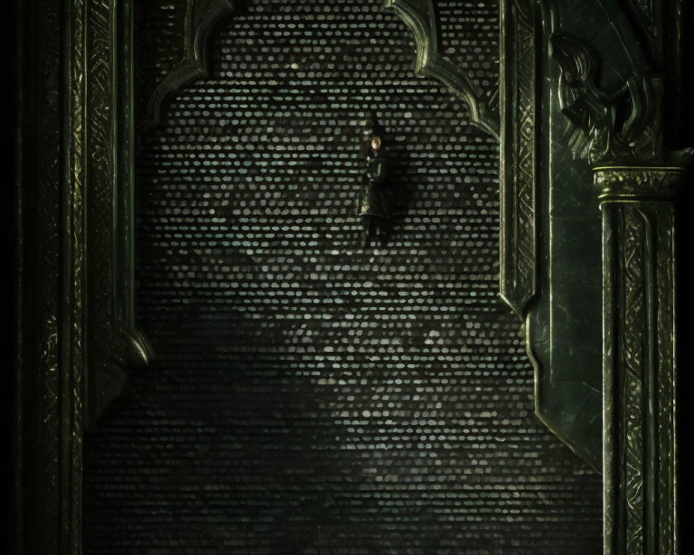 Solitary figure before ornate, towering door in shadows