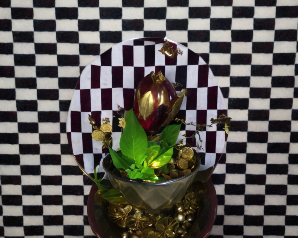 Brass bowl with coins, leaves, eggplant on checkerboard backdrop