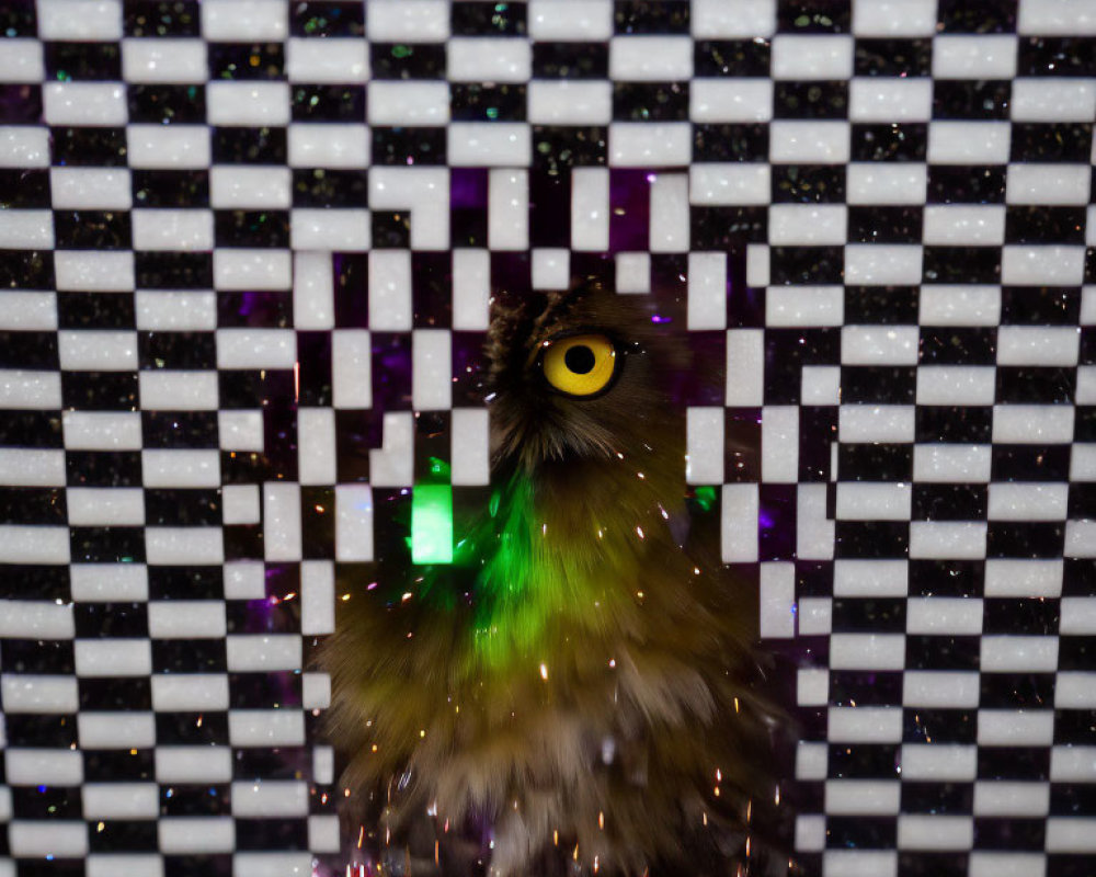 Owl peering through patterned surface with green light and water droplets.