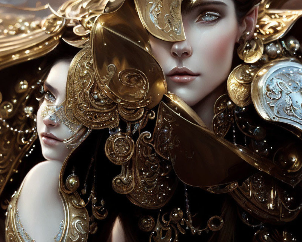 Two women adorned with golden accessories and intricate details, one with eye makeup looking at the viewer, the