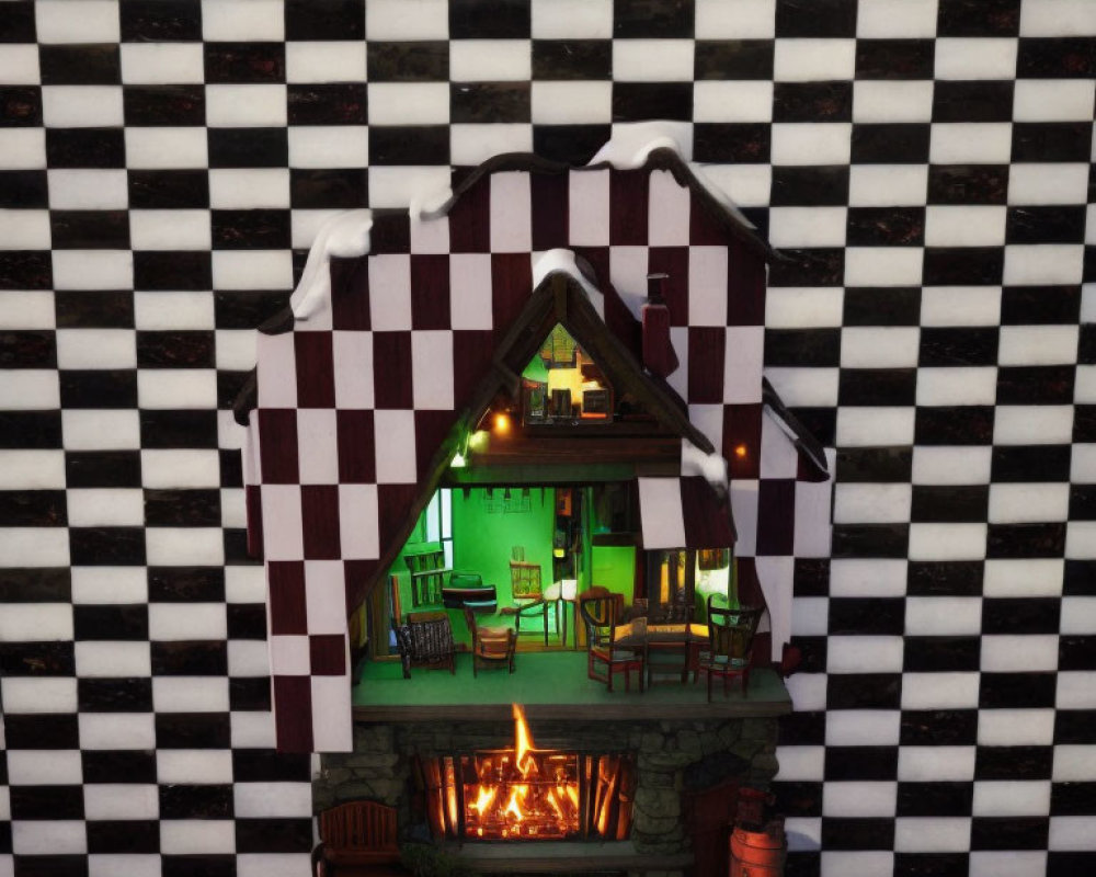 Miniature cabin with glowing fireplace, green interior, snow-topped roof on checkered backdrop