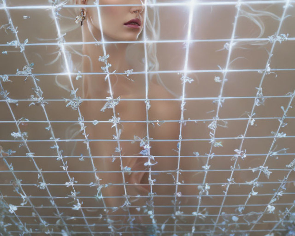 Ethereal woman with platinum blond hair and striking makeup behind illuminated grid adorned with small flowers.