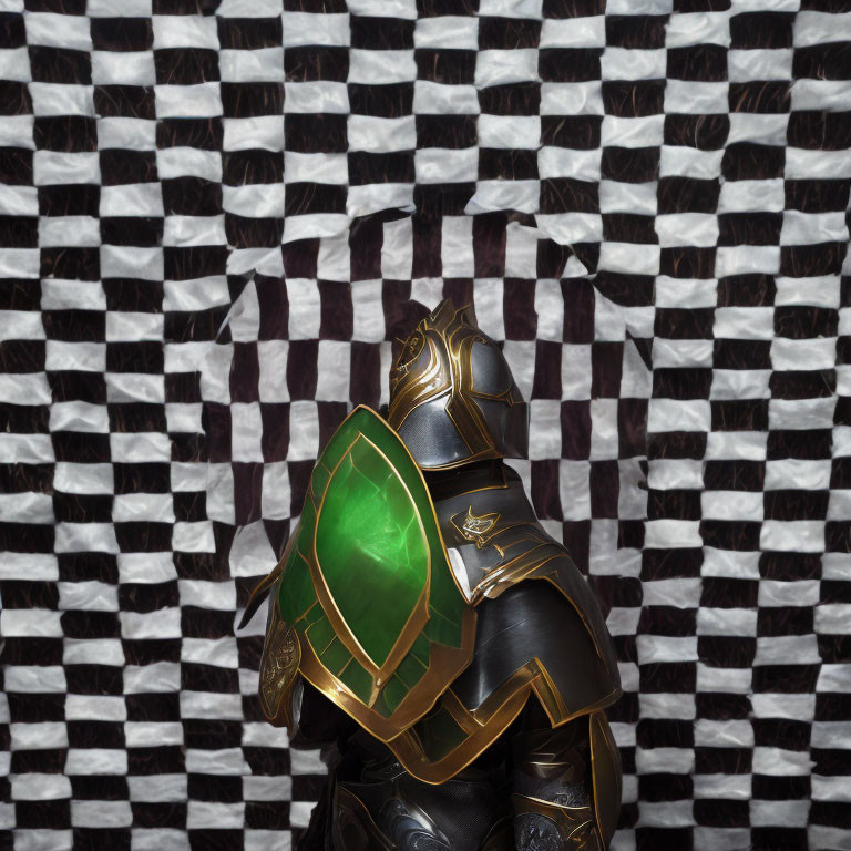 Detailed Green and Gold Gauntlet on Checkered Background