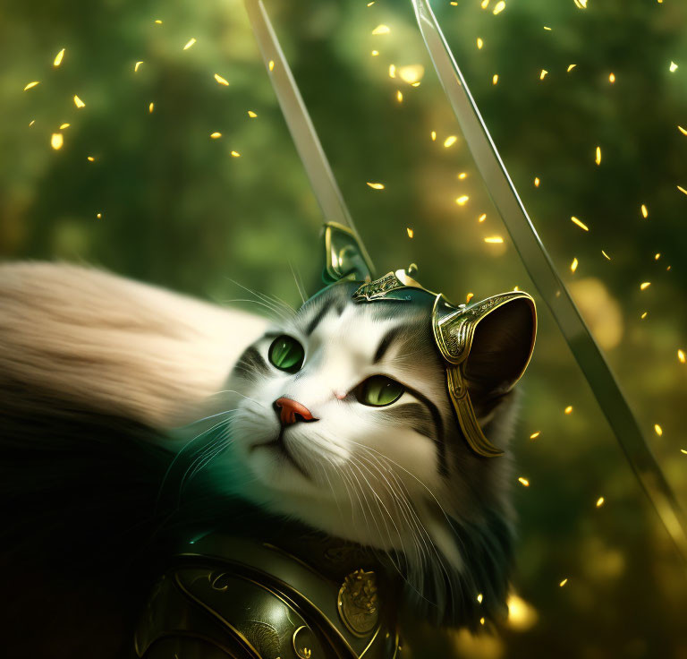 Cat in Knight's Helmet with Sword and Green Eyes in Magical Setting