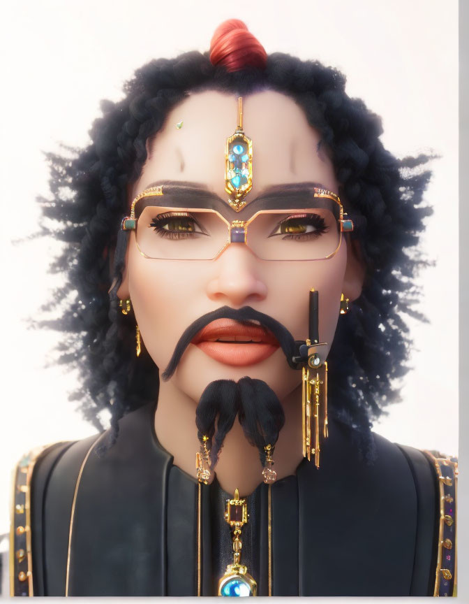 Detailed digital artwork of character with ornate glasses, mustache, braided hair, and gold-tr