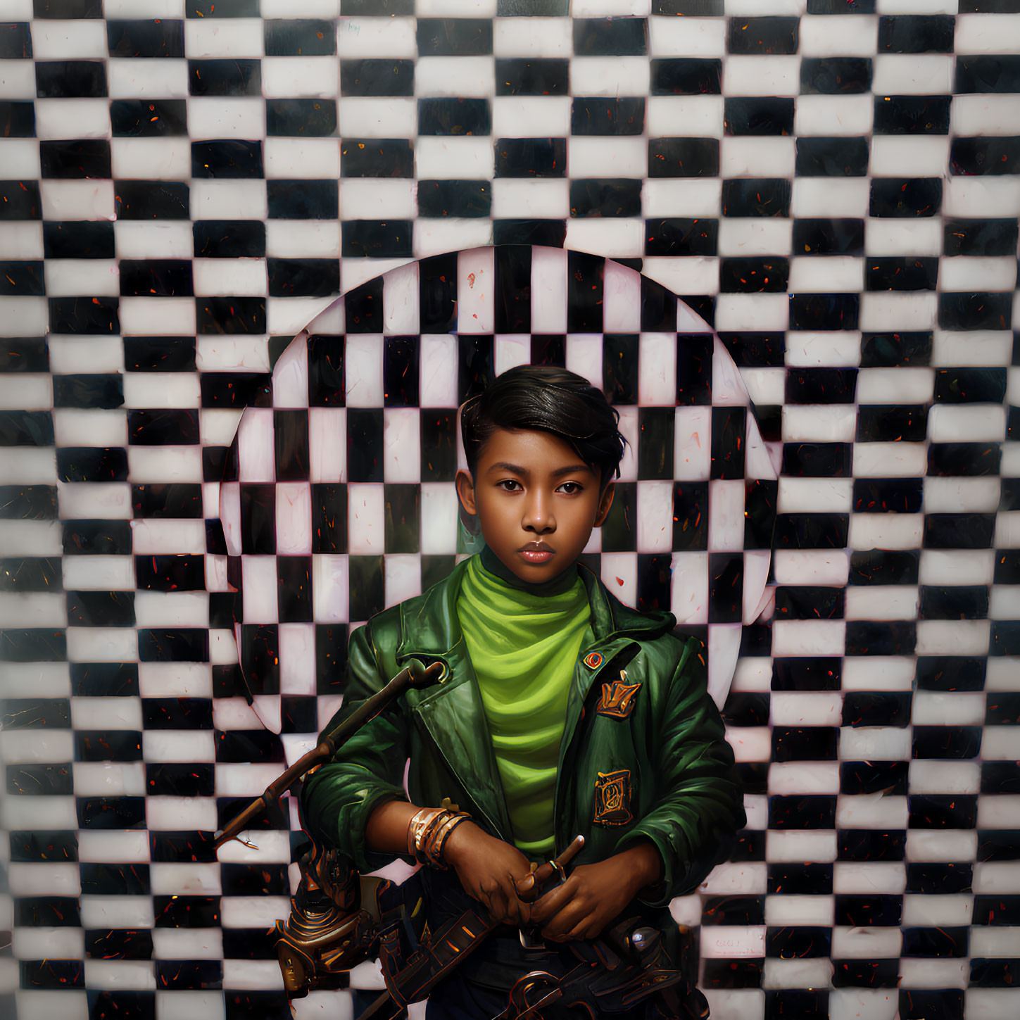 Child in Green Jacket with Brass Telescope on Checkered Background