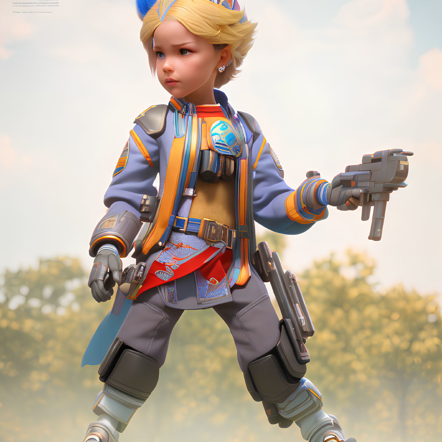 Blonde Girl in Futuristic Suit with Sci-Fi Blasters in Forest