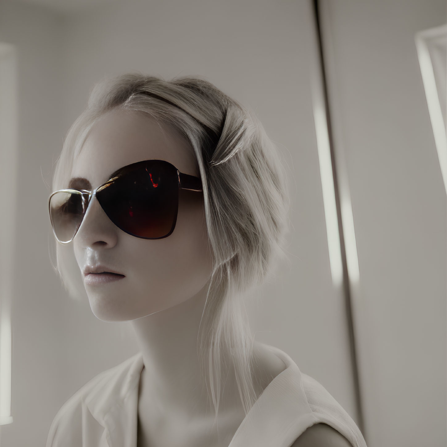 Blonde Woman in Dark Sunglasses in Softly Lit Room