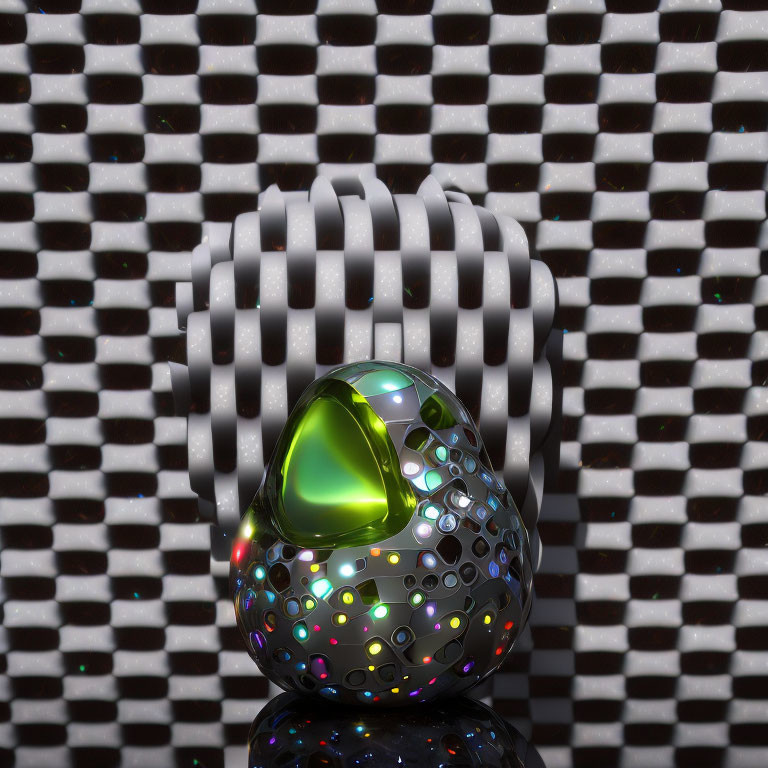 Perforated Metallic Egg with Green Core on White Striped Background