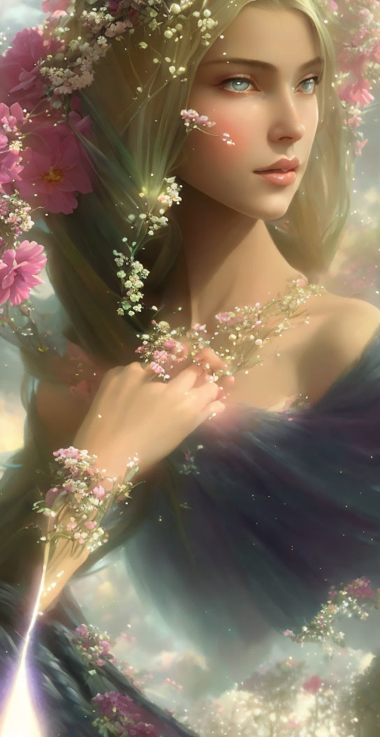 Woman with Flowing Hair and Pink Blossoms in Serene Illustration