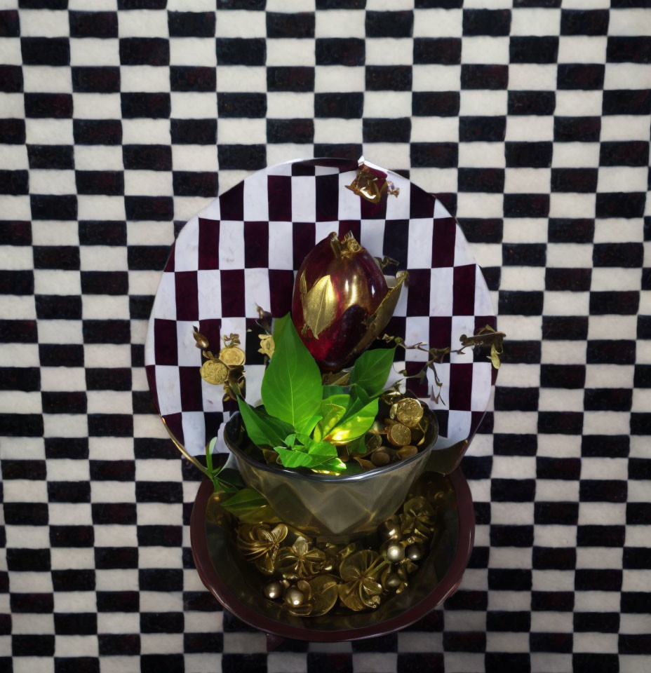 Brass bowl with coins, leaves, eggplant on checkerboard backdrop