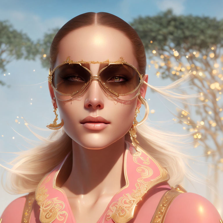 Portrait of Woman in Gold-Framed Sunglasses and Pink Outfit