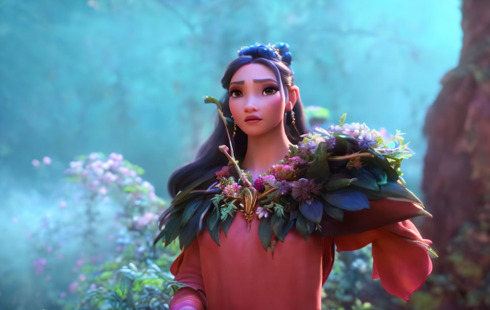 Long-haired female character with blue flowers in mystical forest setting