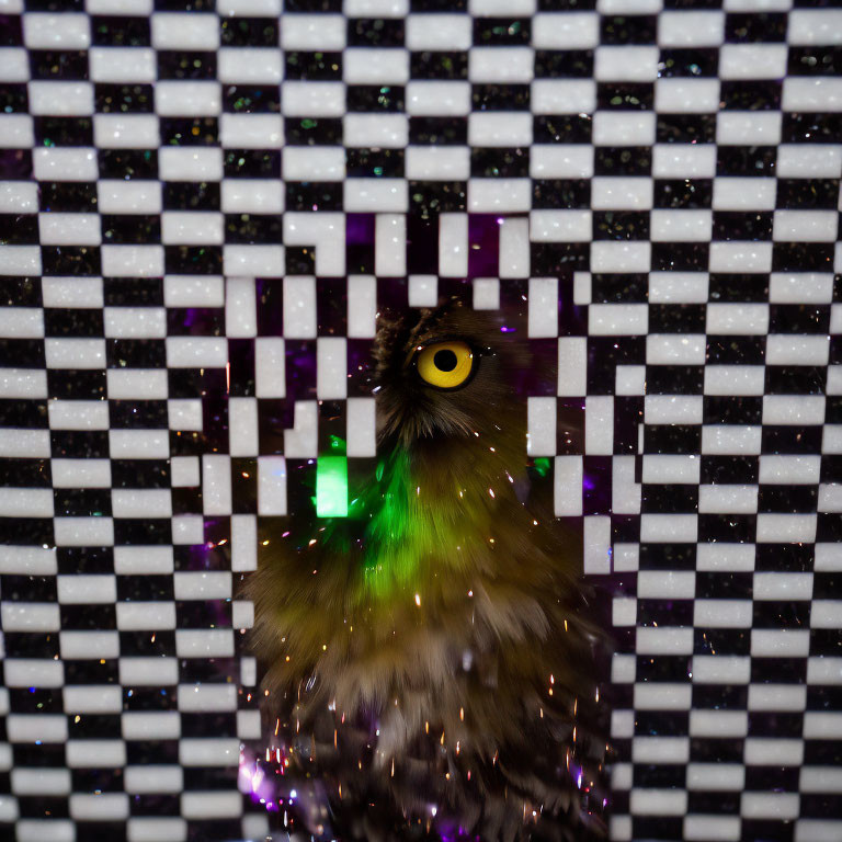 Owl peering through patterned surface with green light and water droplets.