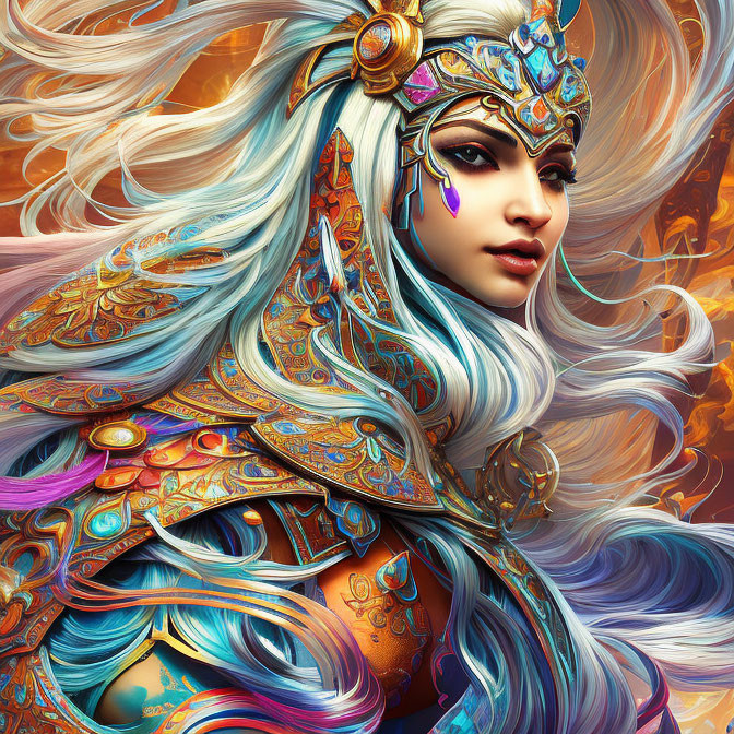 Detailed fantasy warrior illustration with ornate armor and white hair on fiery backdrop