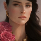 Brown-haired woman 3D rendering with pink hydrangeas and gold earrings