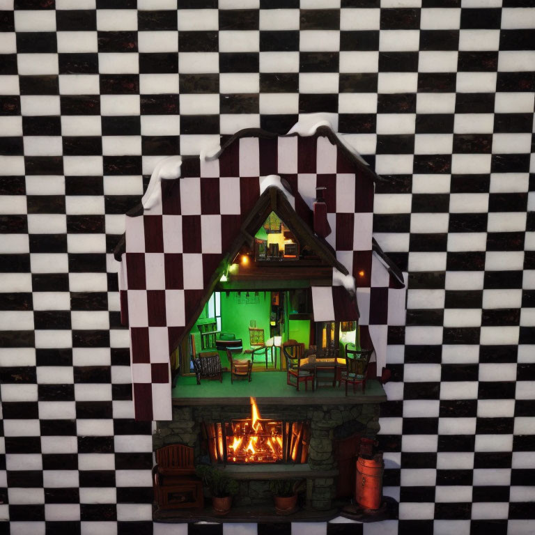 Miniature cabin with glowing fireplace, green interior, snow-topped roof on checkered backdrop