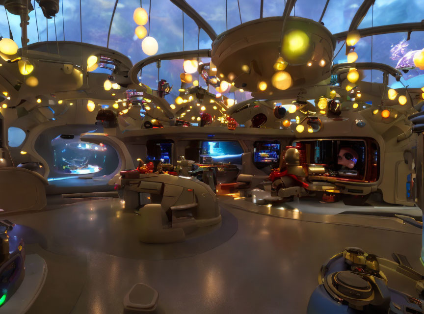 Futuristic Interior with Illuminated Orbs, Consoles, and Space Views