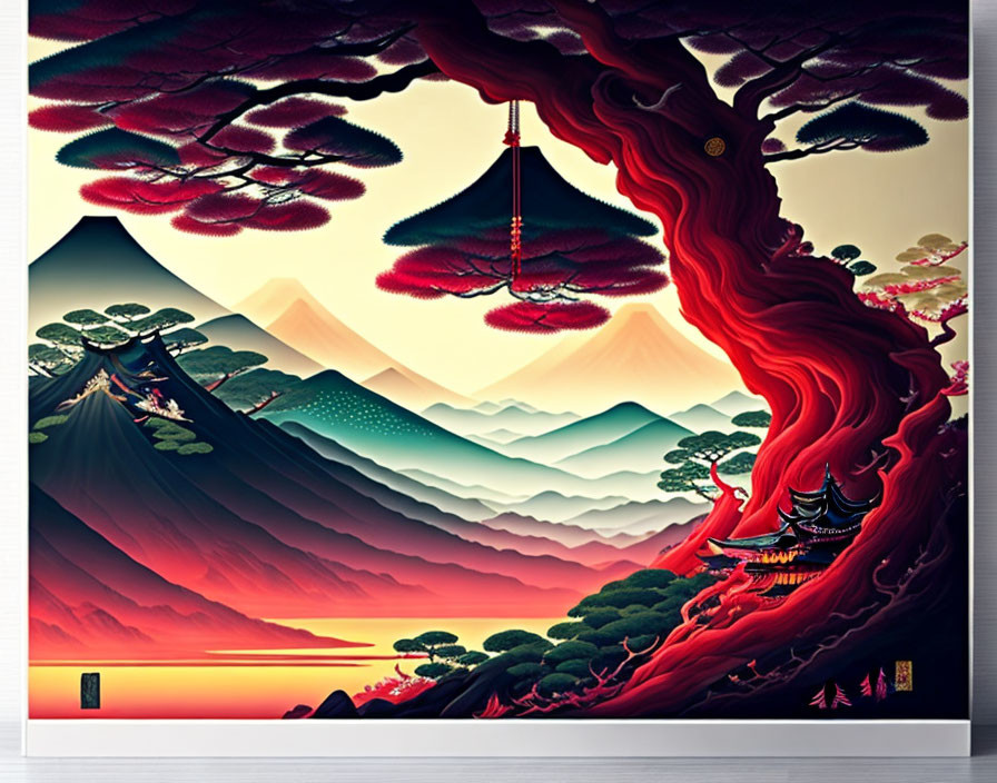 Stylized artwork: Large red tree, traditional buildings, layered mountains, Mount Fuji glimpse, serene